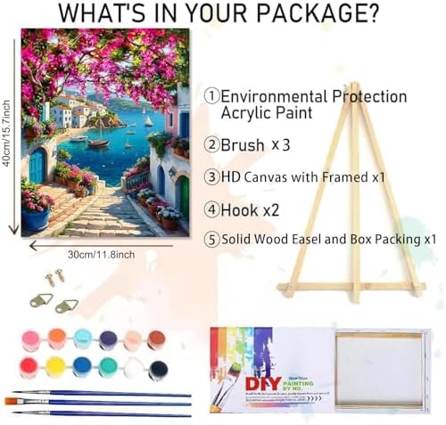 MIRCVSH Scenery Paint by Numbers Kit for Adults,Framed Landscape Paint by Number Kits on Canvas with Brushes,Flowers and Sea Oil Painting Kits with Wooden Easel for Home Wall Decor 12X16 Inch.