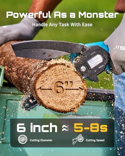 Seesii Mini Chainsaw, 6-inch Mini Chainsaw Cordless, Handheld Electric Power Chain Saw with 2 Batteries, for Tree Trimming Wood Cutting, Best Gifts for Father, Dad, Husband, Men