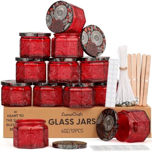 12 Pack 4oz Glass Candle Jars with Lids, Hexagon Embossed Candle Making Containers, Empty Candle Jars with 20 Wicks & Labels for DIY Candle Making, Party Favors, Home Decor