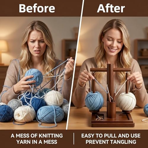 Wooden Yarn Holder for Crocheting & Knitting - Upgraded Magnetic Rotating Dual Spindle Yarn Spinner with Phone Stand & Hook Storage - Tangle Yarn Dispenser, Perfect Gift for Knitters & Crafters