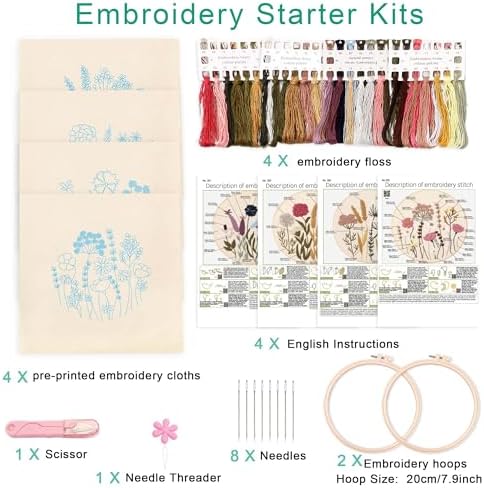 Harimau Adult Beginner Embroidery Starter Kit, Complete Set with 4 Patterns, 2 Hoops, Needles, Scissors, Instruction Guide & Stitching Video Tutorials