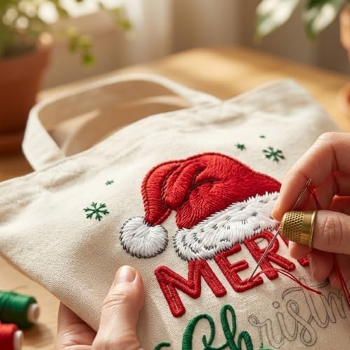 ARTopet Embroidery Tote Bag Kit for Beginners Christmas Canvas Cross Stitch Handbag with Hoops Needles Threads Reusable Grocery Bag for Women-Poinsettia