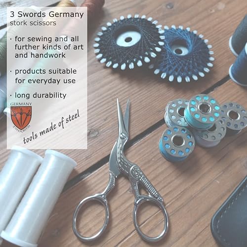 3 Swords Germany - Embroidery Scissors, Stork Scissors Shears for Art Work, Daily Use in Household, Sewing, crocheting, Art Work, Craft, needle work with black Synthetic Leather case