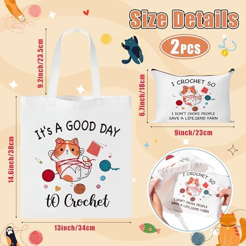 Y1tvei Crochet Canvas Tote Bag - 2Pcs Cosmetic Pouch Tote Bag Reusable Grocery Folding Shopping Bag for Crocheters Women