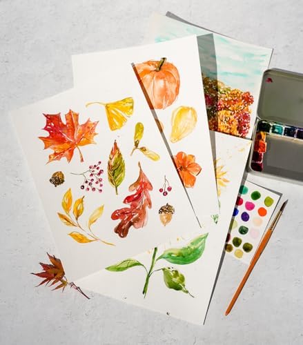 Fall Watercolor Workbook for Beginners – Pre-Outlined Autumn Designs on 300gsm Cold Press Paper, Step-by-Step Instructions & Online Videos – Spiral Bound DIY Art Book for Adults & Teens