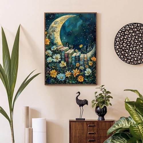 CraftBliss 5D Diamond Painting Kits for Adults, Magical Night Sky Moon and Books, Wildflower Floral Gem Art Kit, Aesthetic Galaxy Wall Decor, Gift for Book Lovers, 12x16 inch (30x40cm)