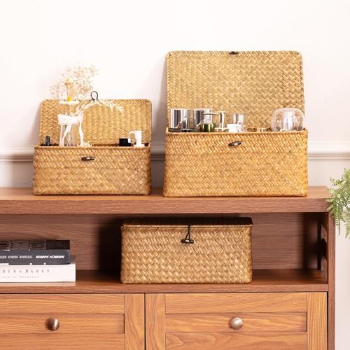 Nonam Wicker Storage Basket with Lid,Seagrass Shelf Basket Set of 2,Natural