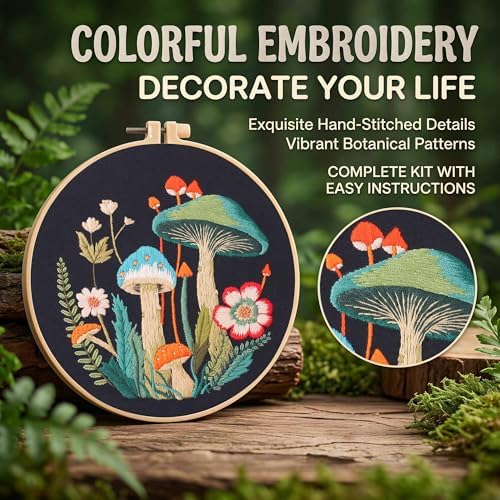 Harimau Adult Beginner Embroidery Starter Kit, Complete Set with 4 Patterns, 2 Hoops, Needles, Scissors, Instruction Guide & Stitching Video Tutorials
