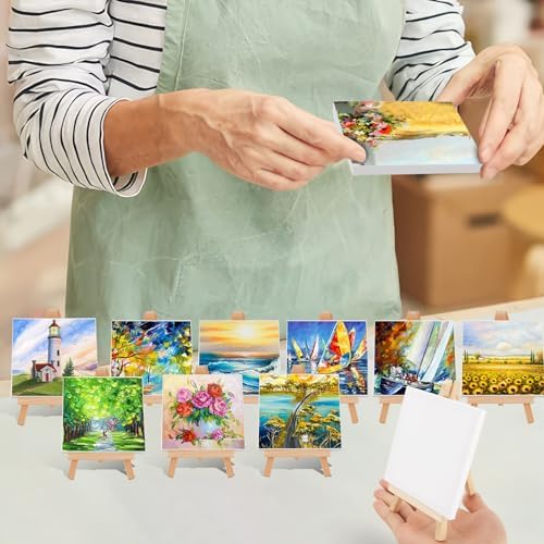20 Pack Mini Stretched Canvas with Wooden Easel, 4x4 Inch, Art Primed Canvases for Kids Painting, Acrylic Pouring, Oil Paint & Wet Art Media