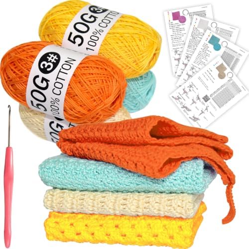 zwzxd Beginner Crochet Kit: Cotton Thread, Hooks & DIY Dishcloth Tutorial （Warm Earth Tone）