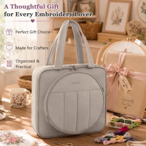 Puffy Embroidery Project Bag, Quilted Embroidery Floss Organizer for Hoops up to 11", Cross Stitch Project Storage Case for Needlepoint Project, Thread & Stitch Tools