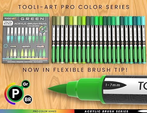 TOOLI-ART 22 Flexible Brush Tip Acrylic Paint Pens Markers Set 1-7mm Line for Rock Painting, Glass, Mugs, Wood, Metal, Canvas, Plastic. Non Toxic Waterbased Quick Drying Assorted Green