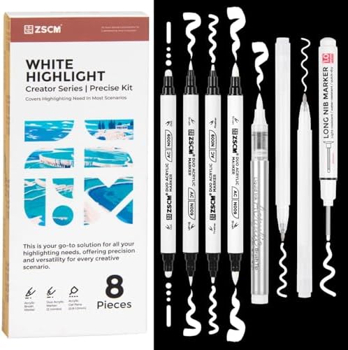8 Pack White Acrylic Ink Pens for Drawing, Fine Point White Gel Pens, Brush Tip Markers，Dual-Tip Opaque Acrylic Markers for Highlighting Drawing, Sketching, Illustration, Card Making
