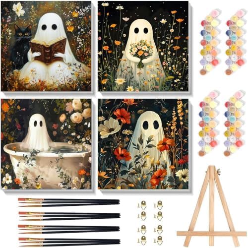 4 Pcs Halloween Paint by Numbers Kit for Adults with Frame (Ghost, 8x8 In)