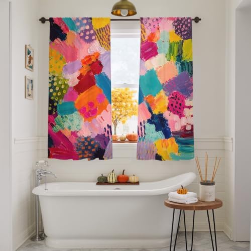 Colorful Art Sheer Curtains 63 Inch Length 2 Panels for Living Room, Geometric Modern Abstract Oil Painting Voile Kitchen Curtain Set, Luxury Privacy Drapes Window Treatment for Bedroom
