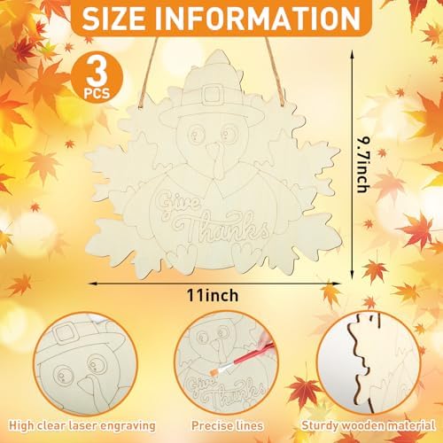 Paintable Thanksgiving Ornaments 3 Sets, Wooden Turkey Ornaments to Paint, Unfinished Give Thanks Wreaths Wood Crafts for Painting, Wood Cutouts DIY Ornament for Door Decor