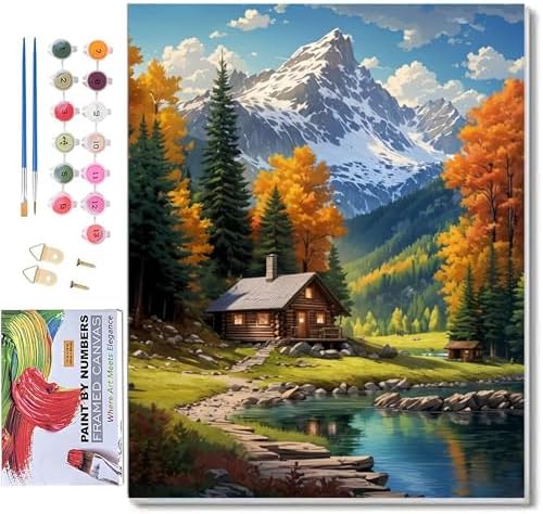 ldazao Mountain Framed Paint by Numbers Kit for Adults Beginner Cabin Adult Paint by Number Artist Kits with Frame On Canvas for Gift Home Wall Decor 9.5x12 Inch