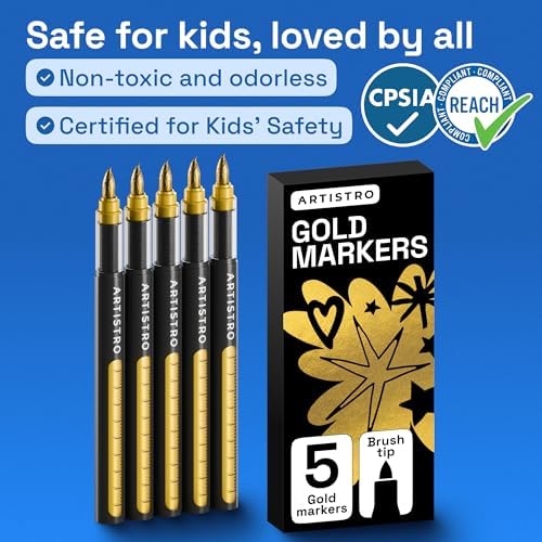 ARTISTRO 5 Gold Paint Pen for Rock, Glass, Ceramic, Wood, Tire, Fabric, Metal, Canvas, Marking, Painting - Set of 5 Acrylic Paint Markers Water-based - Brush Tip with Automatic Ink Control System