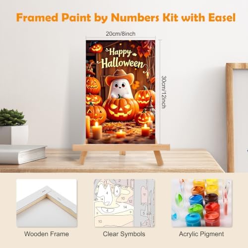 MOGTAA Happy Halloween Paint by Numbers Kit for Adults Beginners with Frame, Ghost Adult Paint by Number Kits on Canvas with Easel, Easy DIY Pumpkin Oil Painting Kits for Home Decor, 8x12in