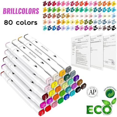 Brillcolors 80 Colors Alcohol Markers with Base Dual Tip Drawing Markers for Adult and Kids Comics Coloring Sketching Illustration (80 White) -Refillable