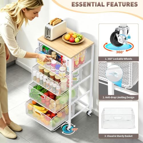 SUNALLY Kitchen Storage Cart with Drawers,Metal Snack Cart Organizer,White