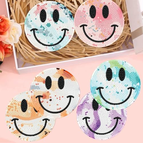 8 Pcs Smile Face Diamond Art Coasters Kit for Adults with Holder 4x4in