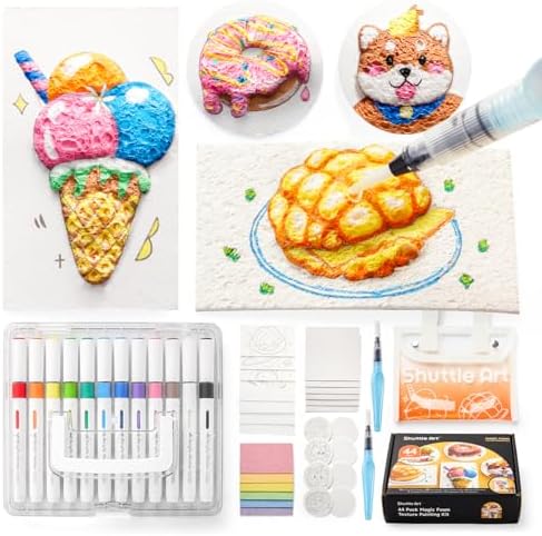 Shuttle Art 44 Pcs Magic Foam Texture Painting Kit, Including 28 Pcs Foam Texture Paper, 12 Colors Brush Tip Acrylic Paint Markers, Magical 3D Effect Painting Kit