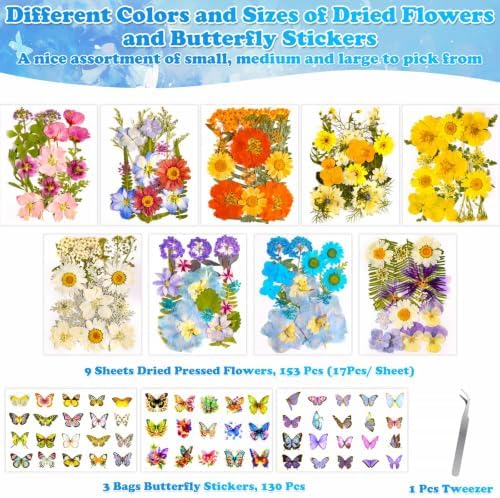 284 Pcs Real Dried Pressed Flowers & Butterfly Stickers for Resin Crafts
