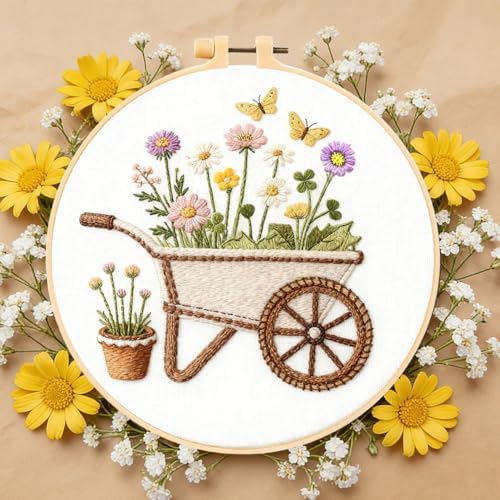 FREEBLOSS 4 Sets Embroidery Kit for Beginners Needlepoint Embroidery Starter Kit with Flower Theme Stamped Patterns, Instructions, Colored Threads, 2 Hoops 20cm/7.9inch