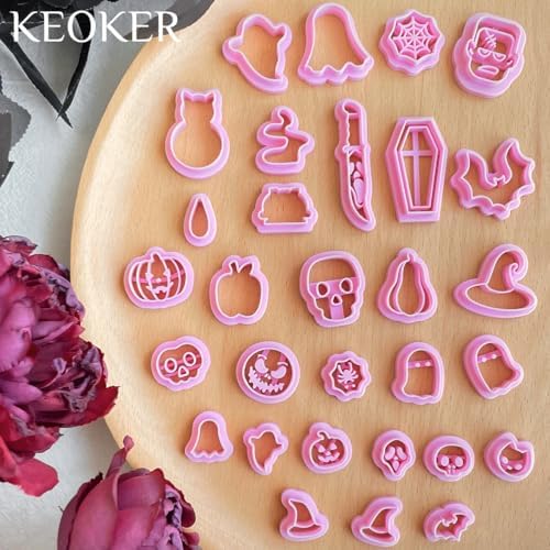 Keoker Halloween Polymer Clay Cutters, Polymer Clay Cutters Halloween, 30 Shapes Halloween Clay Cutters for Earrings, Pumpkin Clay Cutters for Polymer Clay Jewelry, Mini Clay Cutters