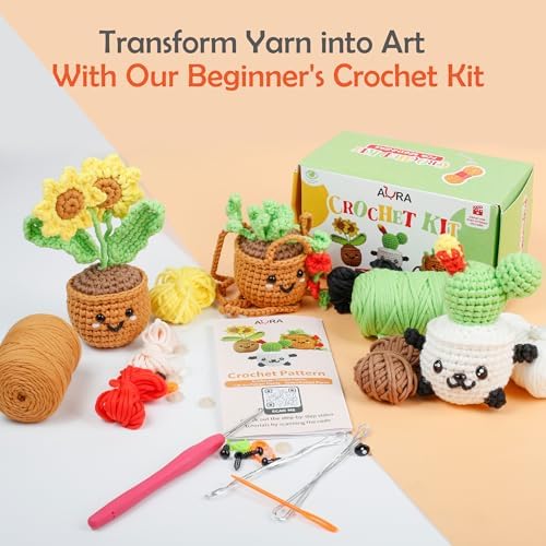 A-URA Learn to Crochet Kit for Beginners Kids and Adults, Premium 4 Animal Pattern Beginner Crochet Kits with Easy Tube Yarn & Step-by-Step Video Tutorials (Plants Crochet Kits)