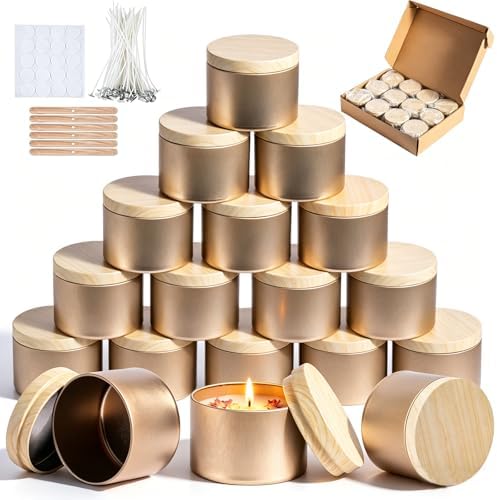 Candle Jars Bulk, 12 Packs Candle Jars with Lids, 8 Oz Empty Candle Tins, Candle Containers for Making Candles, Candle Tin with Wood-Grain Lids (Champagne Gold with Woodgrain Lid, 8oz-12pcs)