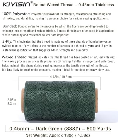Thin Round Waxed Thread 0.45mm, 600 Yards, Dark Green, Light Duty Polyester Wax Coated String for Leather Sewing, Upholstery, Beading, Micro Knotting, Bracelets and Macrame Jewelry Making