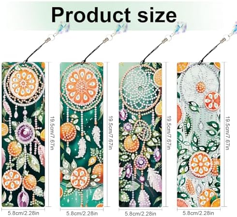 4 Pcs Diamond Painting Bookmarks, DIY Orange and Dreamcatcher Diamond Art Bookmark Kits for Adults, Rhinestone Drill Fruit Bookmarks with Tassels for Beginners