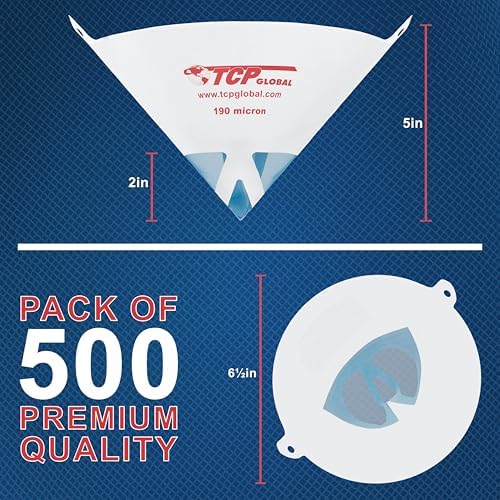 TCP Global - 190 Micron Filter Tips Ultra-Fine Paint Strainer, 500 Pack | Premium Pure Blue Nylon Mesh Cone Strainer - Paint Filter Cones for Auto, House & Hobby