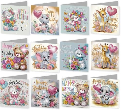 Diamond Art Painting Birthday Cards 12 Pack Cute Animal DIY Craft