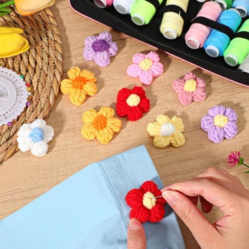 50 Pcs Cute Crochet Flowers Knitted Yarn Flowers Handmade Crochet Flower Sew/Iron On Patches, Beautiful Crocheted Floral, for Crafts Embellishments, Clothing, DIY Hair Headbands (14 Colors B)