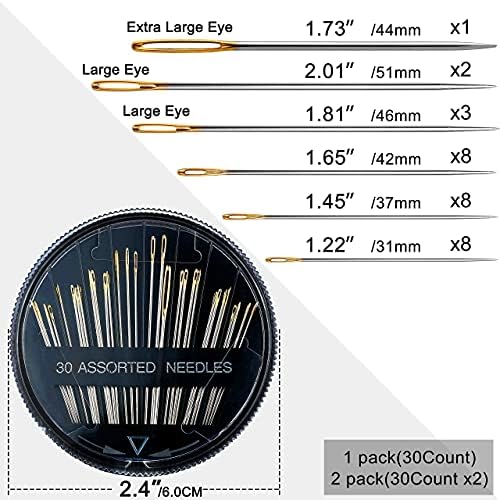 60 Pack, Premium Sewing Needles for Handsewing, Assorted Sizes, 6 Sizes Sewing Sharp Needles, 6 Pcs Big Eye Hand Sewing Needles, Sewing Needles Large Eye, Embroidery Needles for Hand Sewing