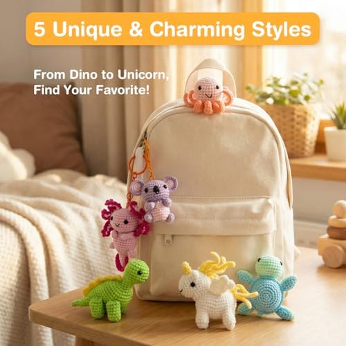 Avenir Crochet Kit for Beginners, Dinosaur Animal Keychain Craft Set