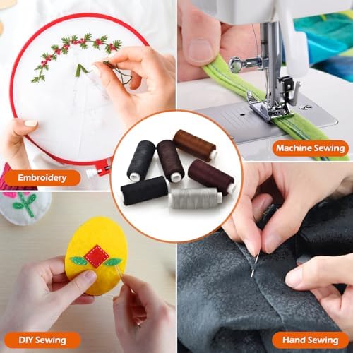 6 Pcs Polyester Thread Kit - 400 Yards Each Spool, Sewing Threads for Machine & Hand Stitching, Embroidery, Includes Sewing Needle & Threader