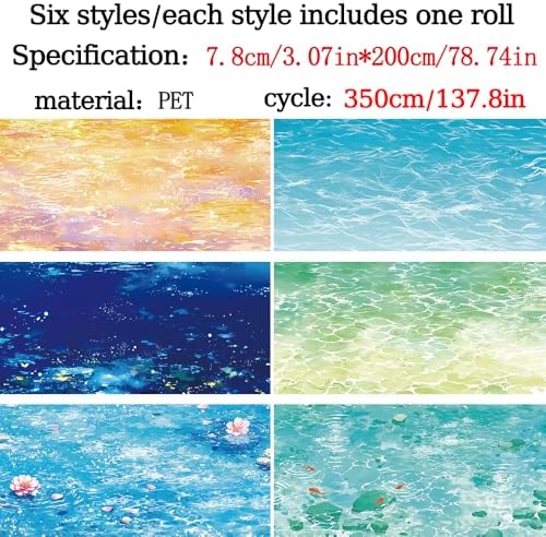 6 Rolls PET Tape for Scrapbooking Water Wave Tape Journaling Stickers Water Ripple Landscape Transparent Scrapbook Washi Tape Aesthetic Set Seaside Beach Planner Junk Journal Decorative PET Tapes