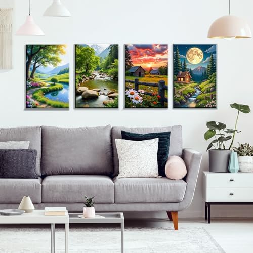 JOOZ 4 Pack Paint by Numbers Kit for Adults with Frame Mountain Landscape Paint by Number with Easel DIY Forest Adult Paint by Number Kits Moon Lake Oil Painting Kits for Home Wall Decor 8x12 Inch
