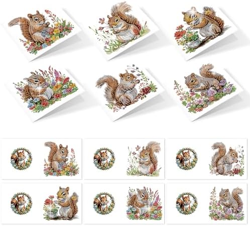 AiYuanzsh 6 Pack Diamond Painting Greeting Cards with Envelopes, DIY 5D Diamond Art Card Kit Featuring Cute Squirrels, 30x15cm Handmade Rhinestone Cards Crafts for Greetings and Seasonal Wishes