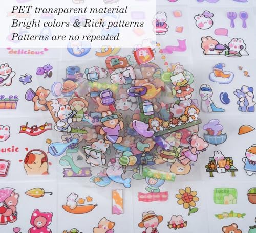 Kawaii Cute Journaling Scrapbook Stickers - 100 Sheets Cartoon Transparent Sticker for Junk Journal Stationary Planner Album Calendars Supplies Notebook DIY Craft Decor
