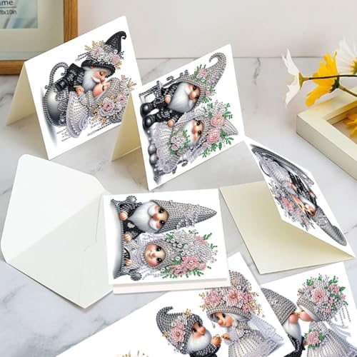 AiYuanzsh Set of 6 Gnome Diamond Painting Greeting Cards – 5D DIY Craft Kits for Handmade Bride and Groom Cards, Perfect for Wedding Gifts and Anniversaries