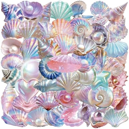 50pcs Fantasy Seashell Stickers Pack – Clear Ocean Shell Pearl Scrapbook Stickers for Journaling, Planner, Laptop, Water Bottle Decoration
