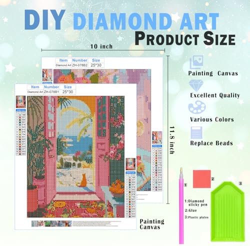 XUNLURY Coastal Orange Cat Diamond Art Kits 2 Pcs, Retro Summer Mediterranean Sushi Cocktail Diamond Painting Kits for Adults Beginners, Full Drill Diamonds Dots for Home Decor, 9.8x11.8 Inch