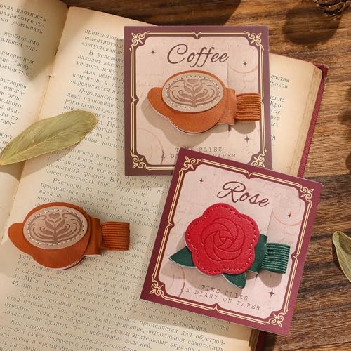 2PCS Vintage Magnetic Leather Bookmark, Leather Magnetic Bookmarks for Women,Unique Book Marks Gifts for Book Lovers， Magnetic PU Bookmarks Clip Book Accessories for Adults & Kids，Roses & Coffee