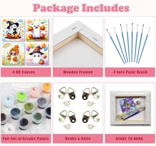 4 Pack Halloween Ghost Paint by Numbers Kit for Kids with Frame 8x8 inch