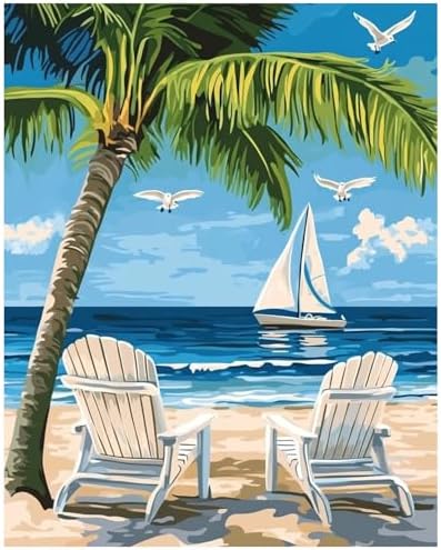 xcemhil Beach Paint by Numbers Kit for Adults, Paint by Number Palm Tree, Seaside Paint by Numbers Kit for Adults Beginner for Gift and Home Wall Decor 16x20 Inch